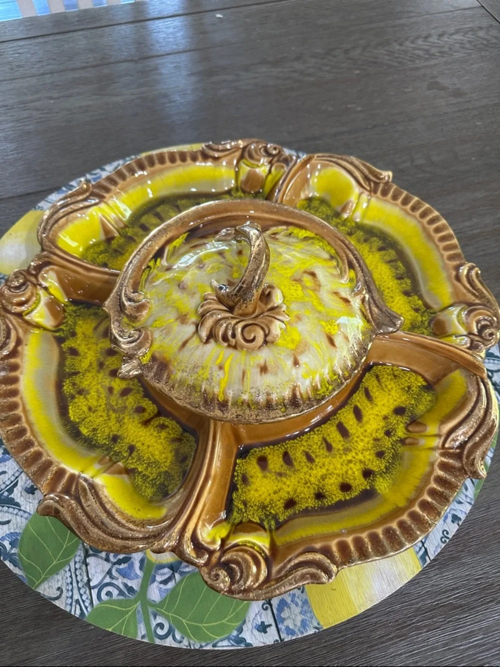 Maurice Ceramic of California Vintage Yellow, Gold & Brown Ceramic lazy Susan.